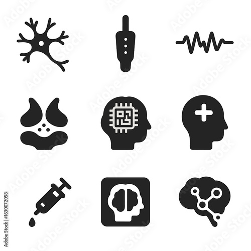 Neural Nano Interfaces Icons. Solid, filled icons set of neural nano-interfaces: neuron icon, nanoelectrode,