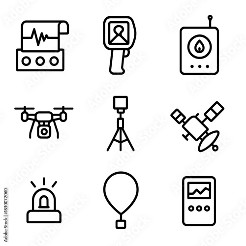 Volcanic Monitoring Icons. Outline icon set of volcanic monitoring equipment: seismograph, thermal camera, gas sensor, drone, GPS