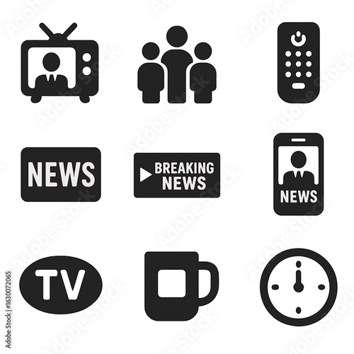News Icon Set. Solid, filled icons set of public news watching: television, crowd, remote control, news ticker