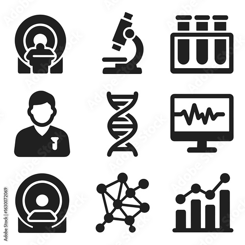 Neurological Research Icons. Solid, filled icons set of neurological research and diagnostics: MRI machine,