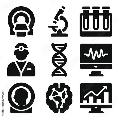 Neurological Research Icons. Solid, filled icons set of neurological research and diagnostics: MRI machine,
