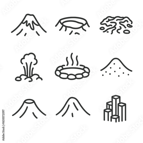 Volcanic Terrain Icons. Outline icon set of volcanic terrain: mountain peak, crater lake, lava field, volcanic rock, steam vent,