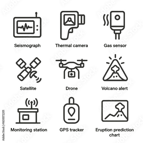 Volcano Monitoring Tools. Outline icon set of eruption monitoring tools: seismograph, thermal camera, gas sensor, satellite, drone