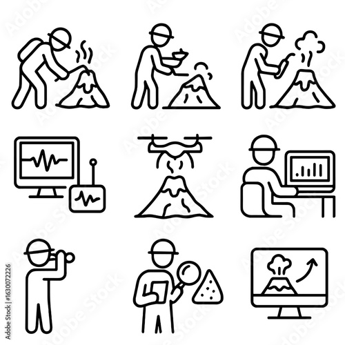 Volcanology Icon Set. Outline icon set of volcanologist activities: lava sampling, ash collection, gas measurement, seismic