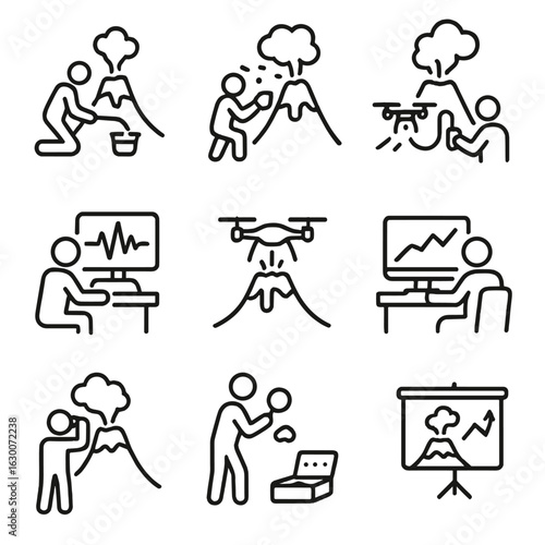 Volcanology Icon Set. Outline icon set of volcanologist activities: lava sampling, ash collection, gas measurement, seismic