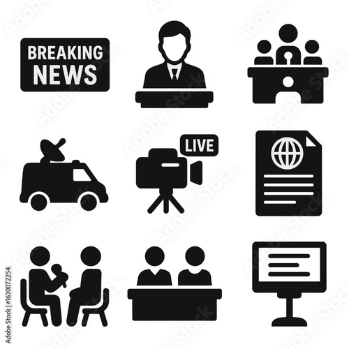 News Reporting Icons. Solid, filled icons set of news reporting: breaking news banner, news anchor, press