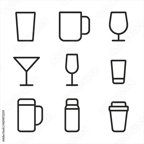 Drinkware Icon Set. Outline icon set of drinkware essentials: water glass, mug, wine glass, cocktail glass, champagne flute, shot