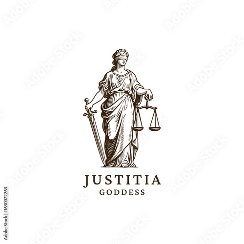 Elegant vintage engraving of Lady Justitia, the goddess of justice, depicted with scales and a sword as symbols of fairness and law