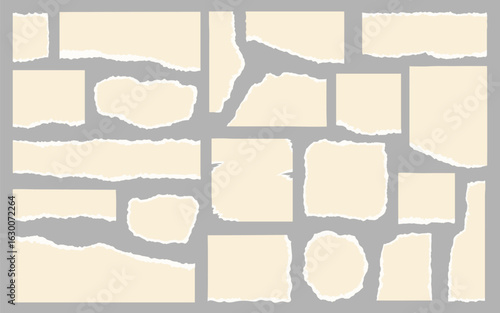 Set of torn or ripped paper sheet. Scrapbook edge, notebook tear, blank page split, stickers. Trendy elements for collage. Vector contemporary illustration.
