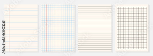 Set of different of paper. Sheets from a notepad and notebook, striped and lined. Set note sheet, notebook page, torn piece of paper. Templates for scrapbook edge, notebook tear, blank page split