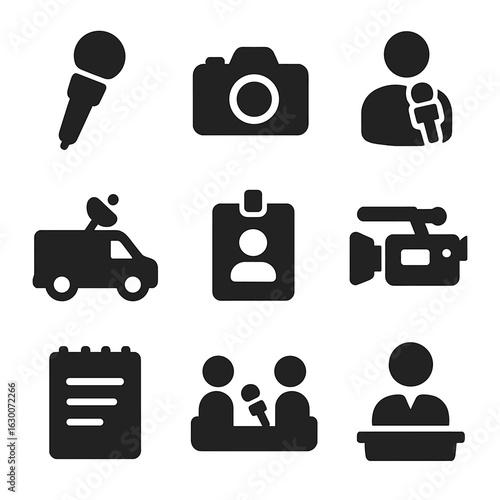 News Reporting Icons. Solid, filled icons set of news reporting: microphone, camera, reporter, news van, press