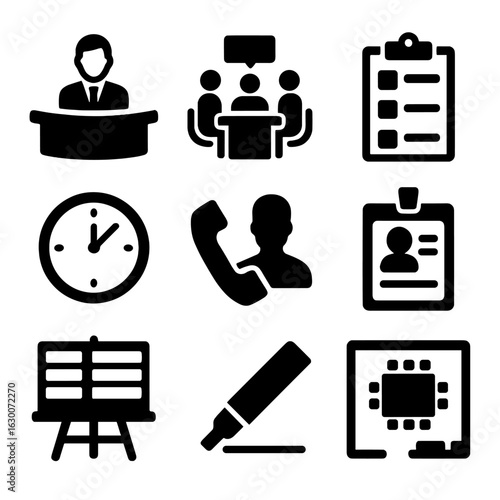 Newsroom Icons Grid. Solid, filled icons set of newsroom operations: news desk, editorial meeting icon,