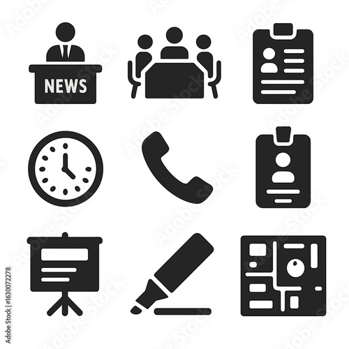 Newsroom Icons Grid. Solid, filled icons set of newsroom operations: news desk, editorial meeting icon,