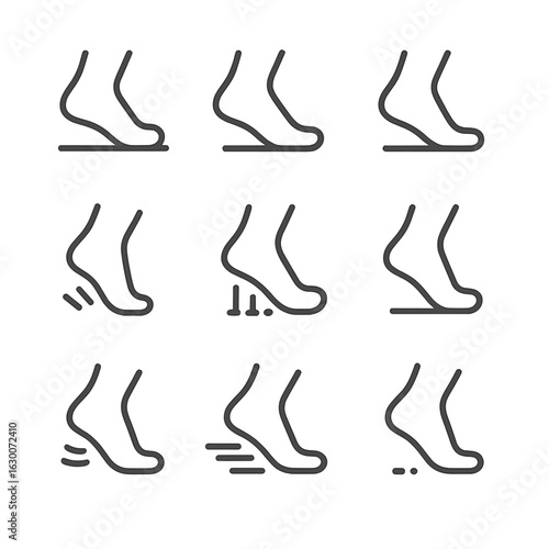 Walking Steps Icons. Outline icon set of step types in walking: heel step, toe step, flat foot step, tiptoe step, heavy step,