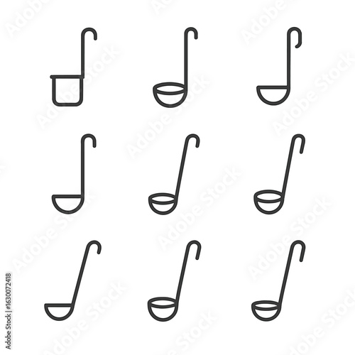 Ladle Icon Set. Outline icon set of commercial ladle tools: industrial ladle, cafeteria ladle, restaurant ladle, food service