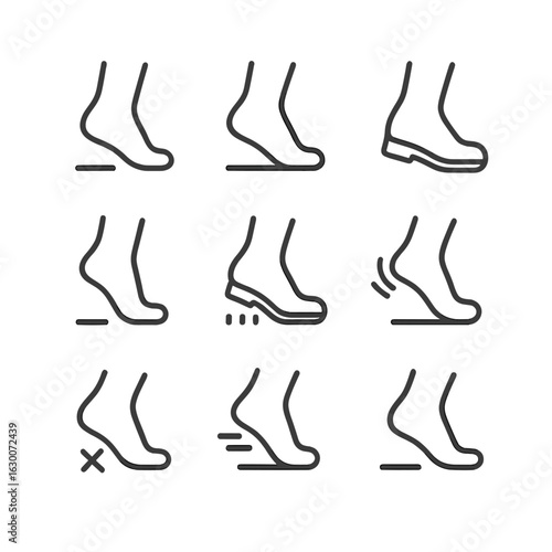 Walking Steps Icons. Outline icon set of step types in walking: heel step, toe step, flat foot step, tiptoe step, heavy step,