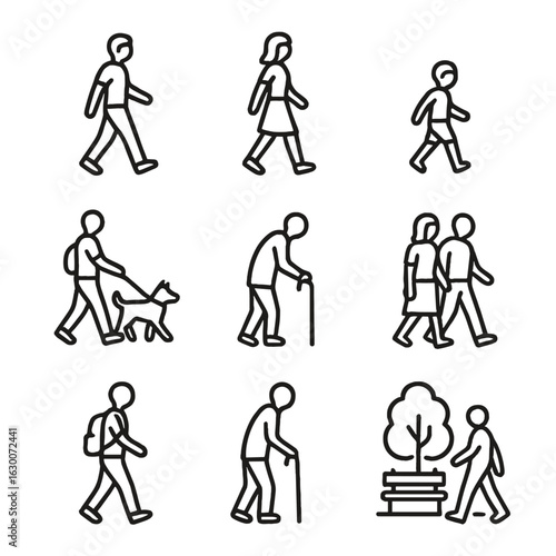 Outline Walking Icons. Outline icon set of casual walk: man walking, woman strolling, child walking, dog walking, elderly walking,