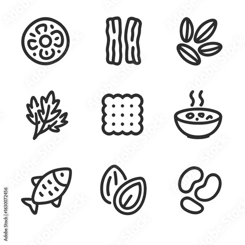 Dry Food Icons. Outline icon set of dry food and preservation: dried fruit, jerky, rice grains, dried herbs, cracker, dehydrated