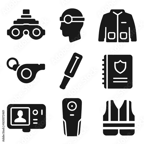 Night Surveillance Icons. Solid, filled icons set of night surveillance gear: night vision goggles, headlamp,