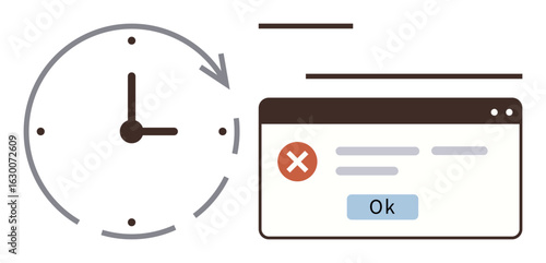 Clock with arrow indicating countdown next to error message window with Ok button. Ideal for deadlines, failure, time-bound tasks, error alerts, notifications, time limits, simple flat metaphor