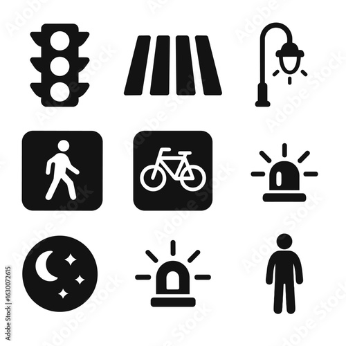 Nighttime Urban Icons. Solid, filled icons set of Nighttime street crossing: illuminated traffic light,