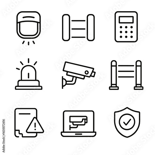 Laser and IR Safety Icons. Outline icon set of laser safety and warnings: safety goggles, warning triangle with laser beam,