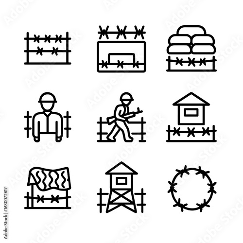 Warfare Icon Set. Outline icon set of barbed wire in warfare: battlefield fence, bunker, sandbag, soldier, patrol, lookout post,