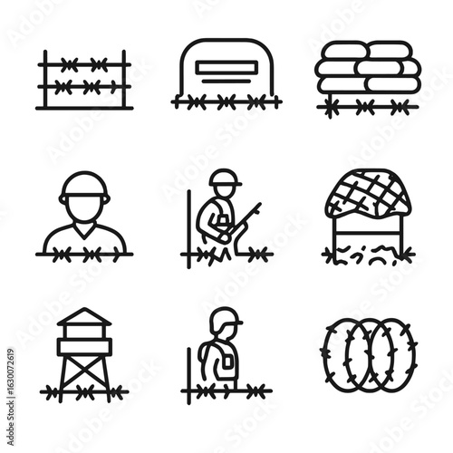 Warfare Icon Set. Outline icon set of barbed wire in warfare: battlefield fence, bunker, sandbag, soldier, patrol, lookout post,