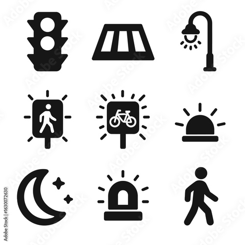 Nighttime Urban Icons. Solid, filled icons set of Nighttime street crossing: illuminated traffic light,