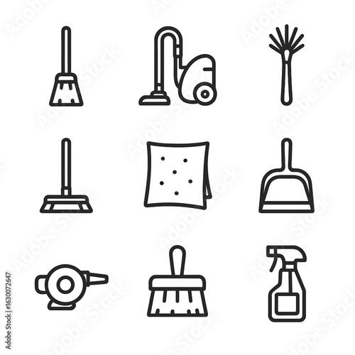 Dust Cleaning Tools. Outline icon set of dust cleaning tools: broom, vacuum cleaner, duster, mop, cleaning cloth, dustpan, air