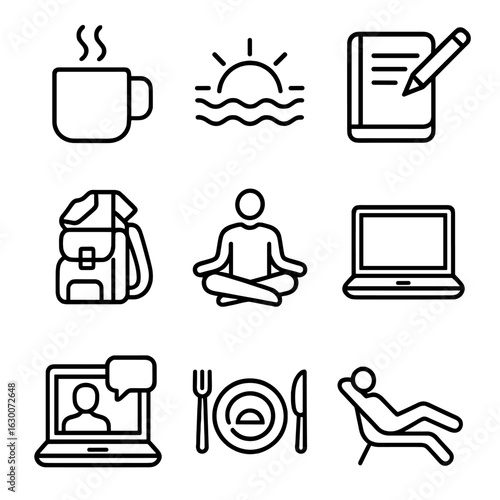Nomad Routine Icons. Outline icon set of daily nomad routines: morning coffee, sunrise, journaling, packing