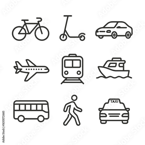 Nomadic Transport Icons. Outline icon set of transport modes for nomads: bicycle, scooter, rental car,
