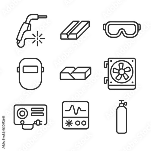 Laser Welding Icons. Outline icon set of laser welding: welding torch, weld seam, protective goggles, welding mask, metal joint,
