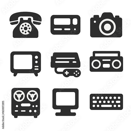 Nostalgic Tech Icons Grid. Solid, filled icons set of nostalgic tech gadgets: rotary phone, pager, old camera,
