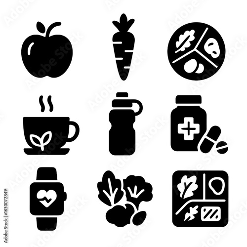 Nutrition Icon Grid. Solid, filled icons set of Nutrition-focused self-care: apple, carrot, balanced meal,