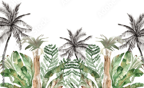 jungle watercolor wallpaper with tropical leaves illustration palms bananas for kids