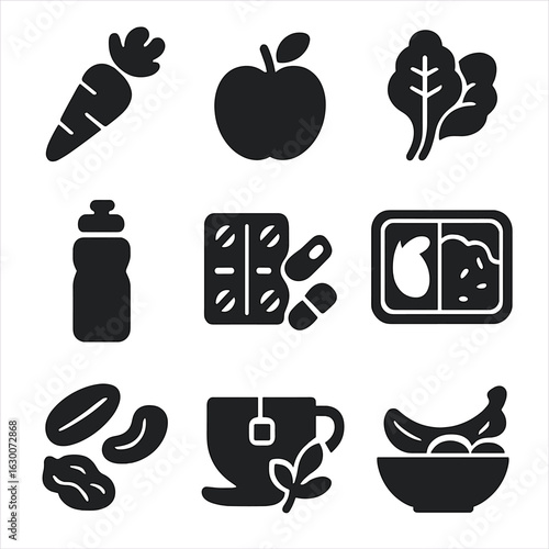 Nourishing Foods Icons Set. Solid, filled icons set of Nourishing foods for self-care: carrot, apple, leafy