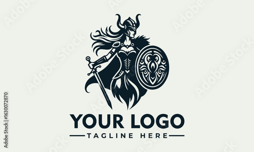 A fierce female Viking warrior logo, wielding a sword and shield, ready for battle.