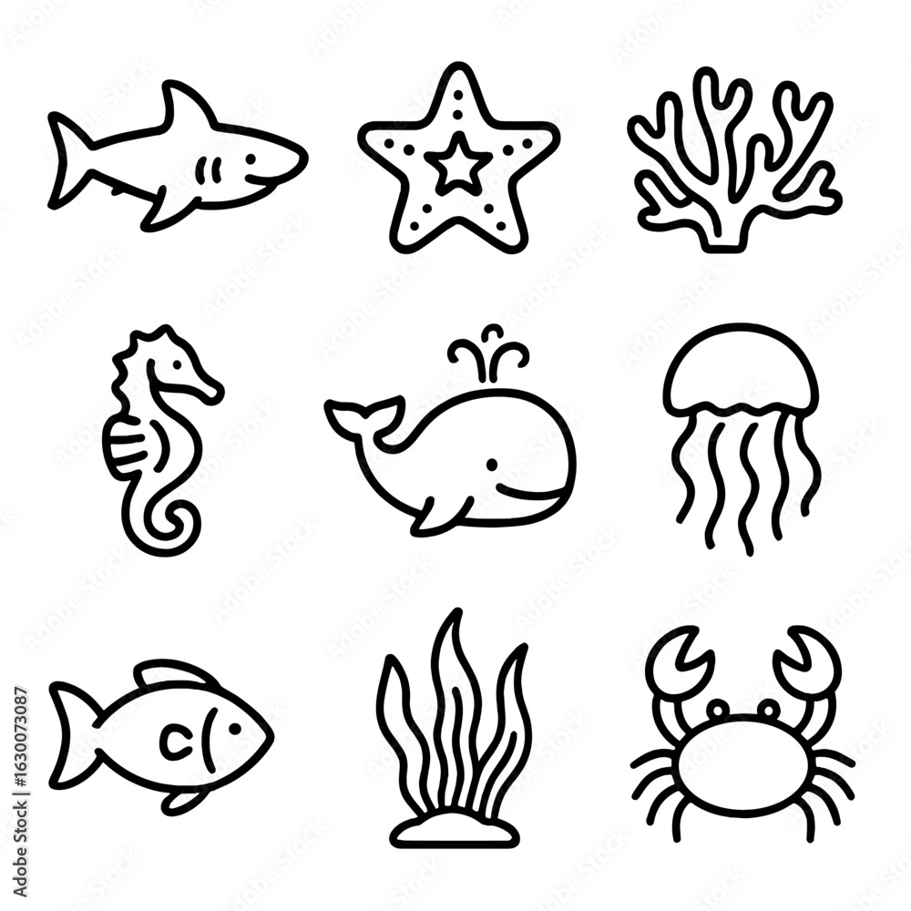 Naklejka premium Ocean Creature Icons. Outline icon set of oceanic creatures: shark, starfish, coral, seahorse, whale,
