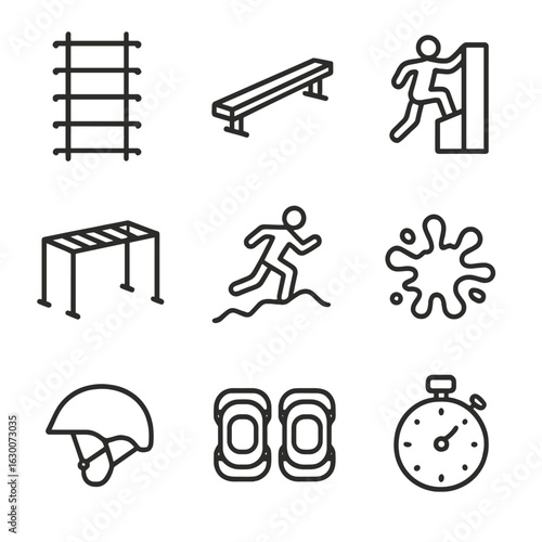 Obstacle Race Icons. Outline icon set of outdoor obstacle races: rope ladder, balance beam, wall climb, monkey