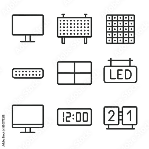 LED Technology Icons. Outline icon set of LED display technology: LED screen, LED billboard, LED matrix, LED ticker, LED video
