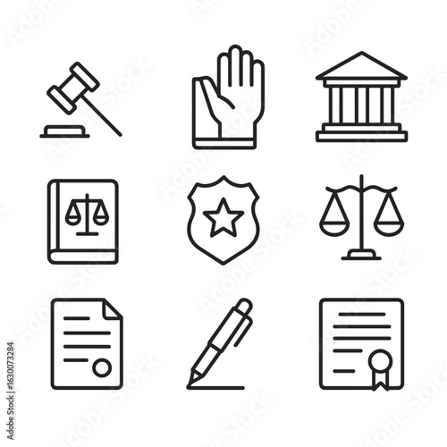 Legal Icons Set. Outline icon set of legal promises: judge gavel, oath hand, courthouse, law book, badge, scales of justice, legal
