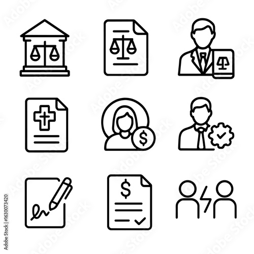 Legal Process Icons. Outline icon set of legal inheritance process: court, legal document, lawyer, probate, beneficiary, executor,