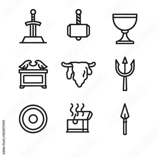 Legendary Artifact Icons Set. Outline icon set of legendary artifacts: Excalibur, Mjolnir, Holy Grail, Ark of Covenant, Golden