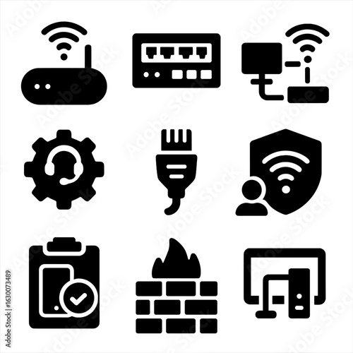 Office Wi-Fi Icons Grid. Solid, filled icons set of office Wi-Fi infrastructure: access point icon,