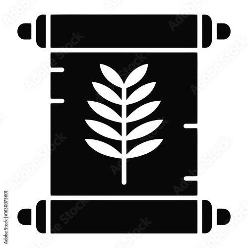 Black scroll with white leaf branch and markings parchment document