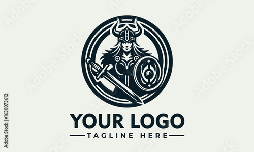 A fierce female Viking warrior, wielding sword and shield, depicted in a circular logo design.