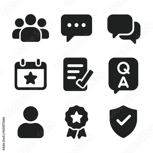 Online Community Icons. Solid, filled icons set of online community features: groups, forums, chats, event