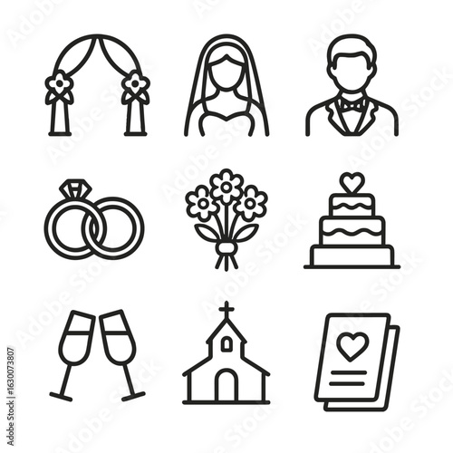 Wedding Icon Set. Outline icon set of wedding ceremony: wedding arch, bride, groom, wedding rings, bouquet, wedding cake, chapel,