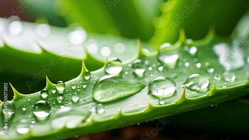 Closeup aloe vera leaf with water drops